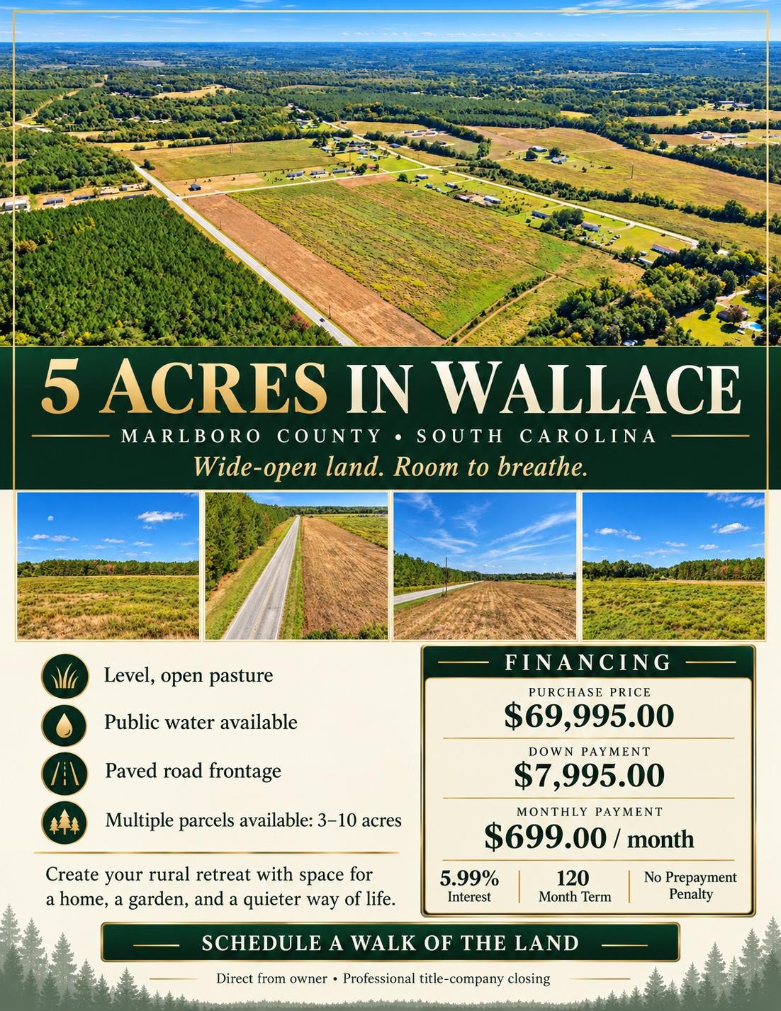 5 Acres for Sale in Wallace $699 a month!, South Carolina
